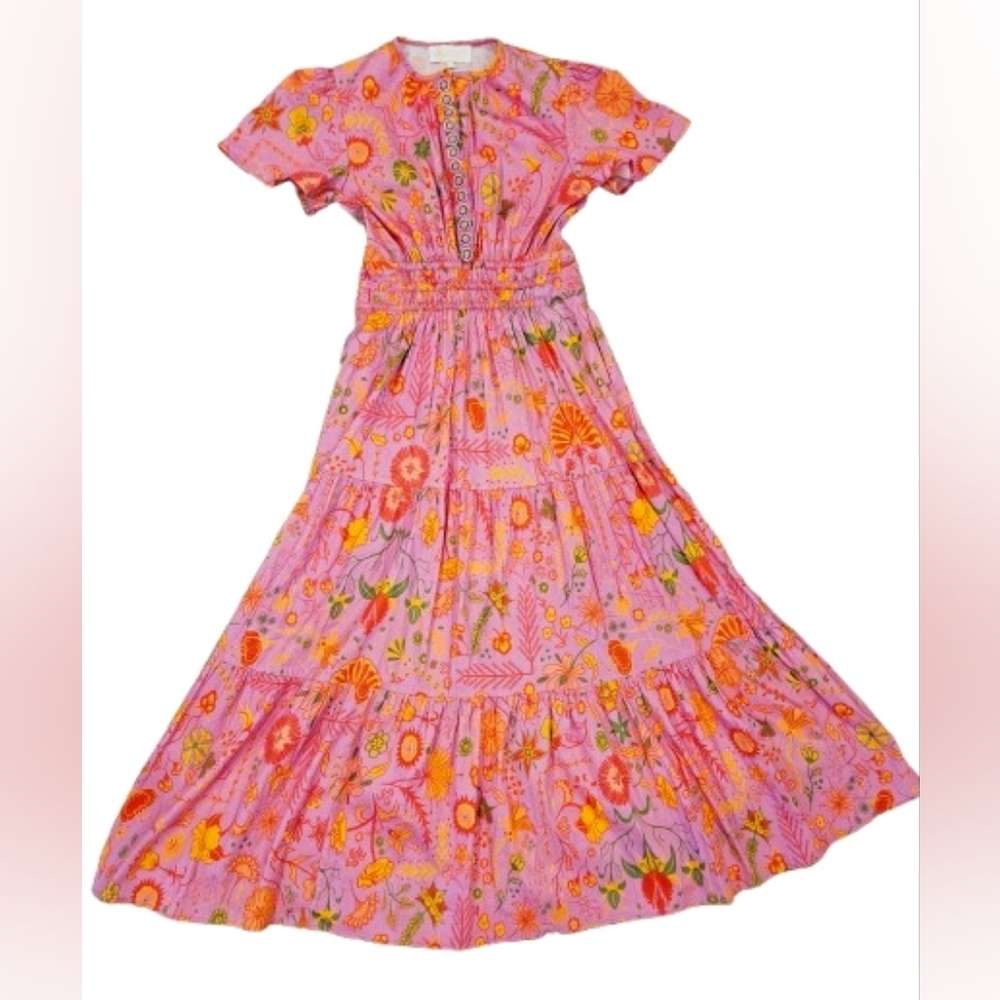 Sheridan French Maxi Dress Pink Floral Tiered Cotton Boho Resort Pockets Size S